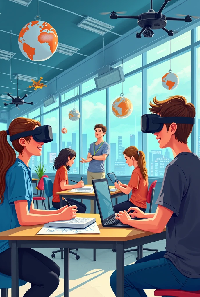 Depicting a bright classroom，Full of technology。Students in the classroom can use VR glasses for virtual reality learning，They can explore various scenarios and knowledge in an immersive way。at the same time，There are also students drawing cartoon characters，Showing their creativity and artistic talent。Teachers are teaching students how to take pictures with cameras，Develop their photography skills。Some people paint with brushes，Express your thoughts and feelings。at the same time，There are students exploring in the classroom，Discover new knowledge and discoveries。There are even students operating drones to measure，Demonstrate technology applications and innovation。The entire illustration can be arranged vertically，Highlight the character&#39;s face and expression，This illustration is suitable for commercial use，Can be used for education related、Promotional material, ETC，Demonstrating modern educational technology and innovation。