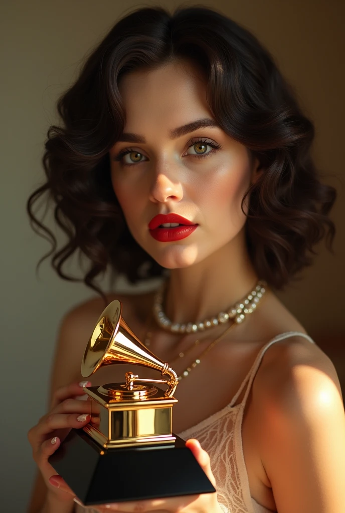 Make me a picture of the singer Lana Del Rey with a Grammy award