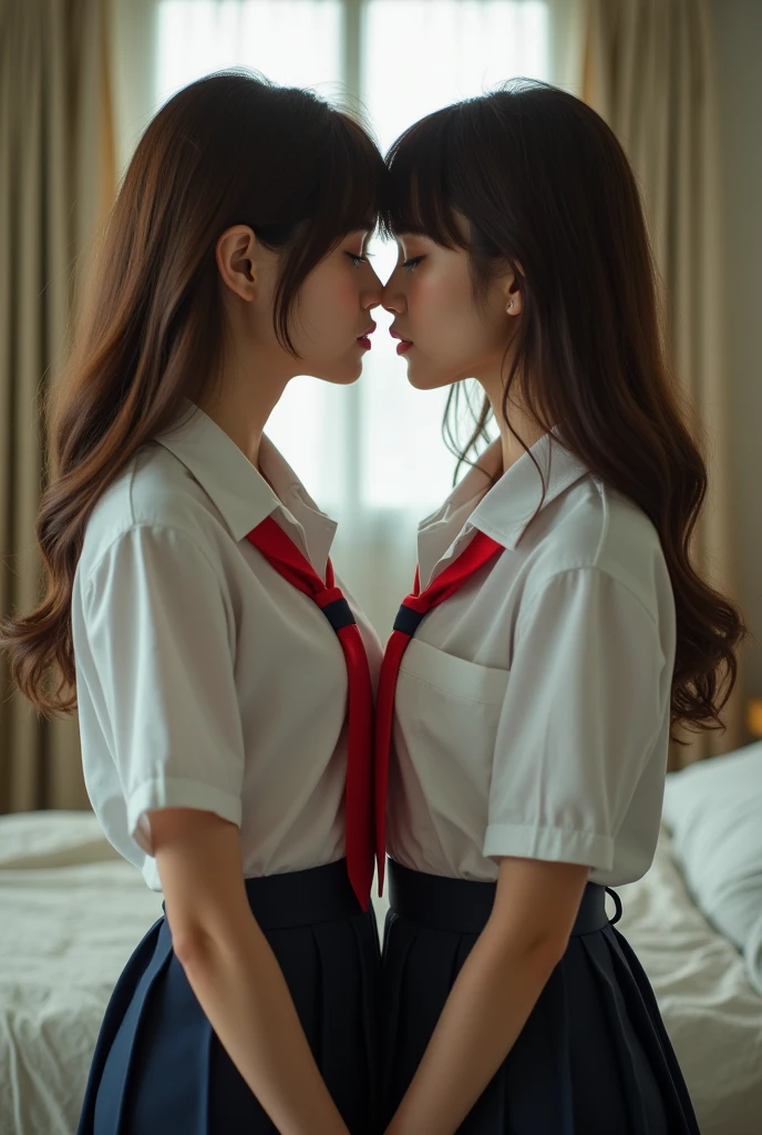 Photo realistic:1.3, A scene from a realistic movie, A coming-of-age film about a high school girl couple, Overall, it has a sweet and sour atmosphere., Realistic face and eyes:1.4, Realistic skin:1.5, ((2 Japanese high school girl)), (((Cute 2 girl))), yuri, Japanese Idols, (school uniform), (White shirt), (Red tie), (Navy blue pleated skirt), mini skirt, Are standing, Perfect female figure, Perfect Face, Glossy pink lips, Expressive eyes, eye shadow, eyeliner, Huge natural breasts, (Tight waist), Light brown hair, short hair, (Floating Hair), Expressive hair, (Over-rimmed glasses), Long eyelashes, (((kiss, kissing))), Bedroom, close eyes, Ultra-high resolution, Attention to detail, Ultra-high quality, (Cowboy Shot), masterpiece, Accurate, Anatomically correct, Textured skin, Super Detail, high quality