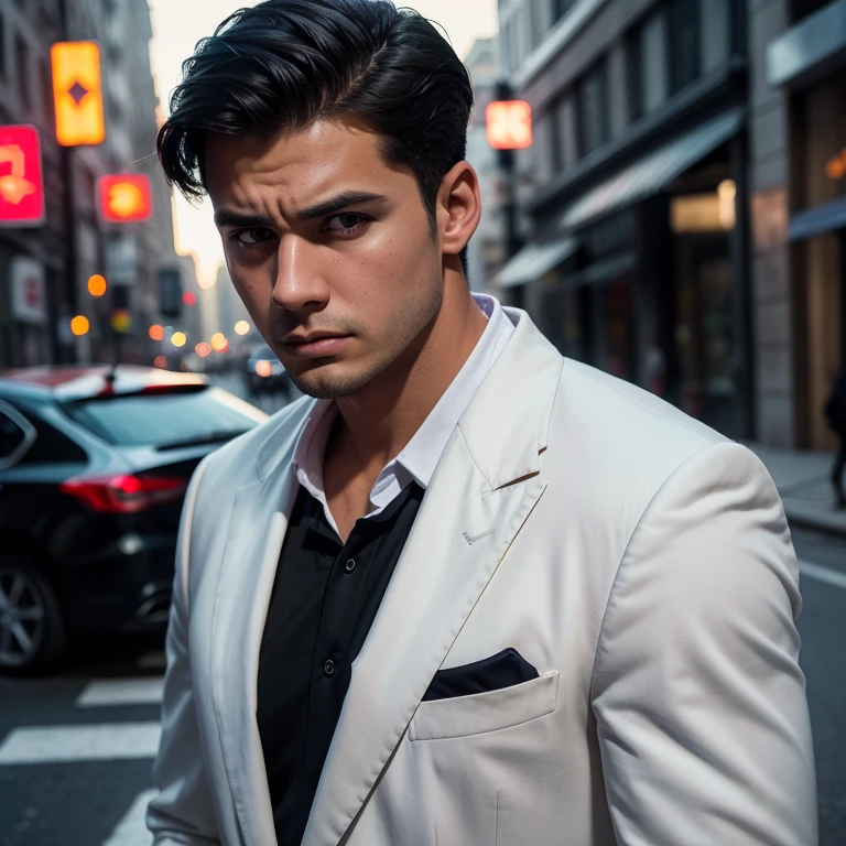 A handsome boy, frontal, worried, White sports coat, Short black hair, On the street, super highly detailed, High Real, 4K, chiaroscuro, super detail,