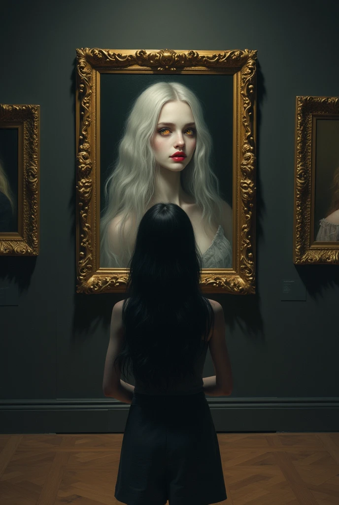 A girl with black hair and yellow eyes looking at a painting of a woman with white hair and red eyes