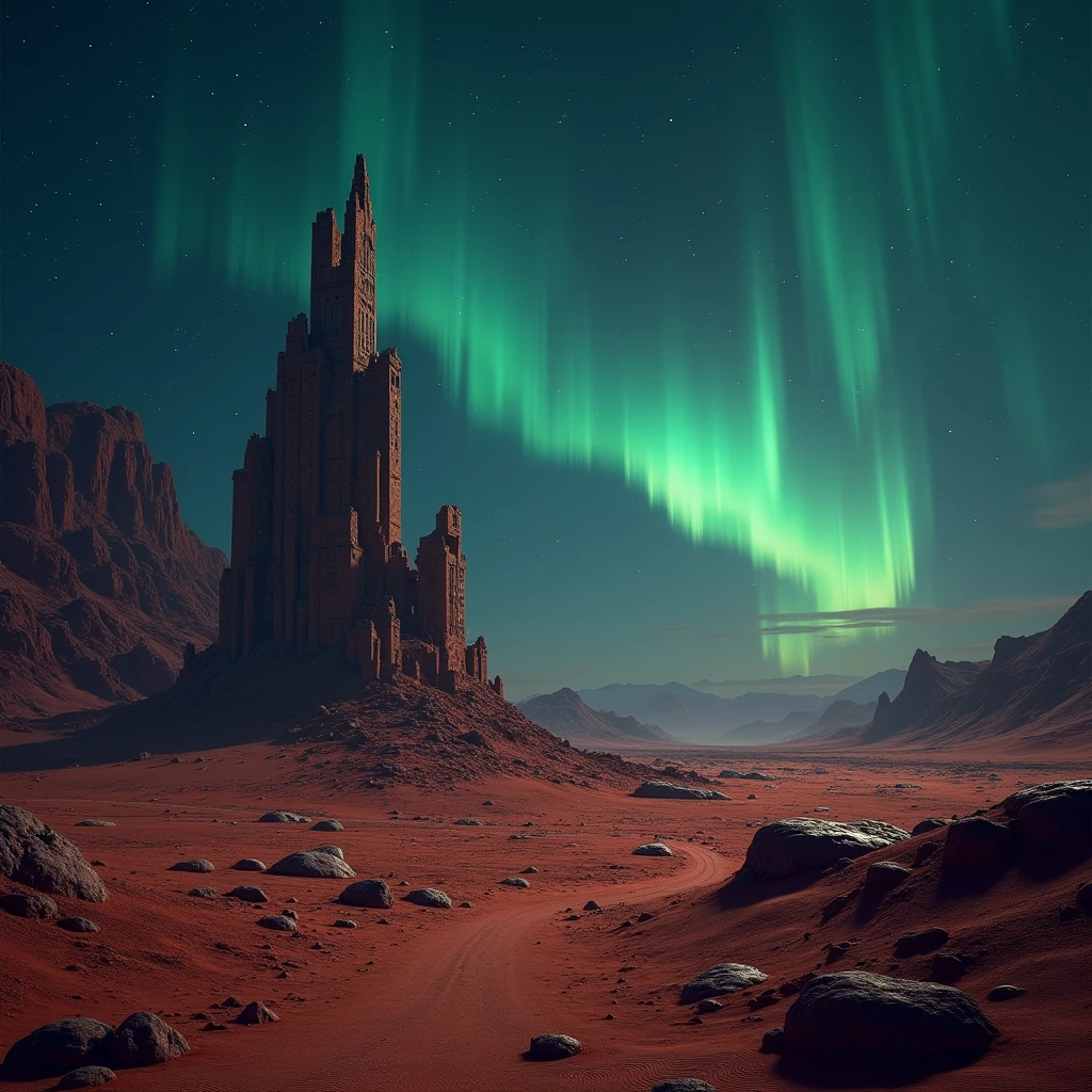 Night view, Northern Lights in the starry sky, (The ruins of an alien civilization's architecture)On Mars,Crumbling structure,The environment is desolate,Infinite horizon,Atmospheric perspective,Astronaut explorer,Weird atmosphere,Strange symbols,Surreal landscape, Unobstructed panoramic views,dusty red sand,(Sci-fi concept art),(best quality,4K,8k,highres,masterpiece:1.2),ultra-detailed,(realistic,photorealistic,photo-realistic:1.37)