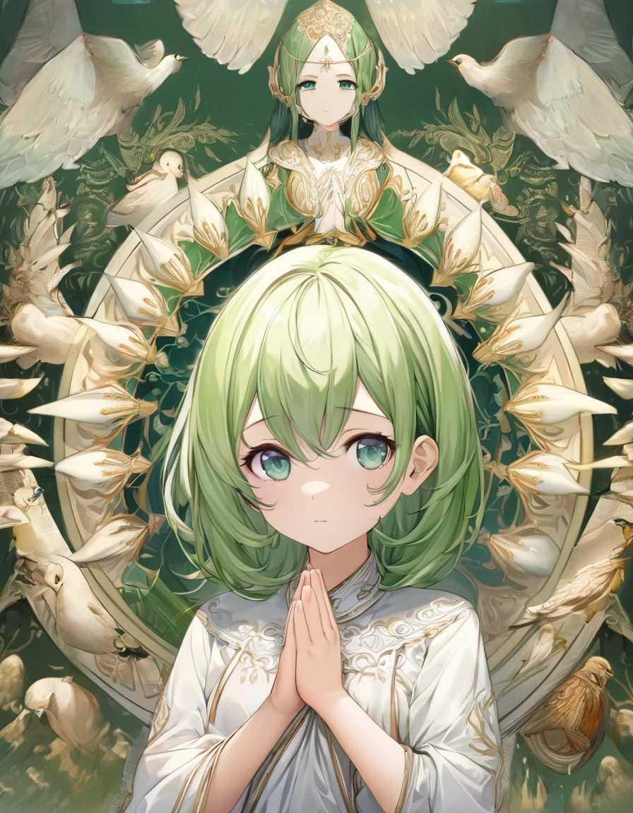 Highest quality、masterpiece、Very detailed、Finely detailed、High resolution、8k wallpaper、Fine and beautiful eyes、A girl with green hair、Exact number of fingers、Pose with hands folded in front of chest、Hands folded in front of chest、Praying pose or expectant expression。Bird's-eye view