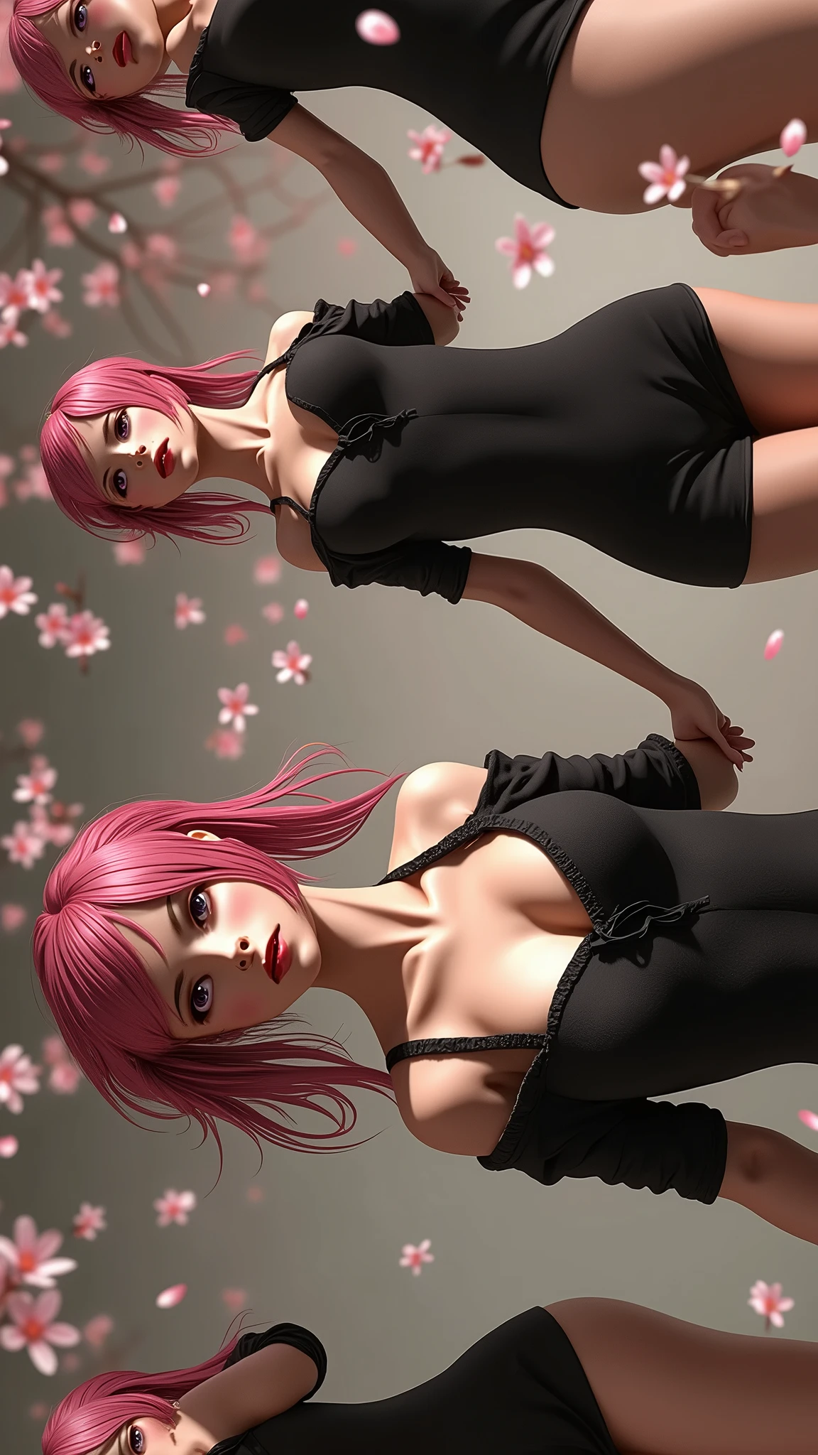 I wish the clothes were tighter and more revealing than they are now, showing my cleavage, in a V-shape, with pink pigtails, standing under a cherry blossom tree in the background, one arm between my neck and chest, one hand on my hip, no shoes, and a slightly more open expression.