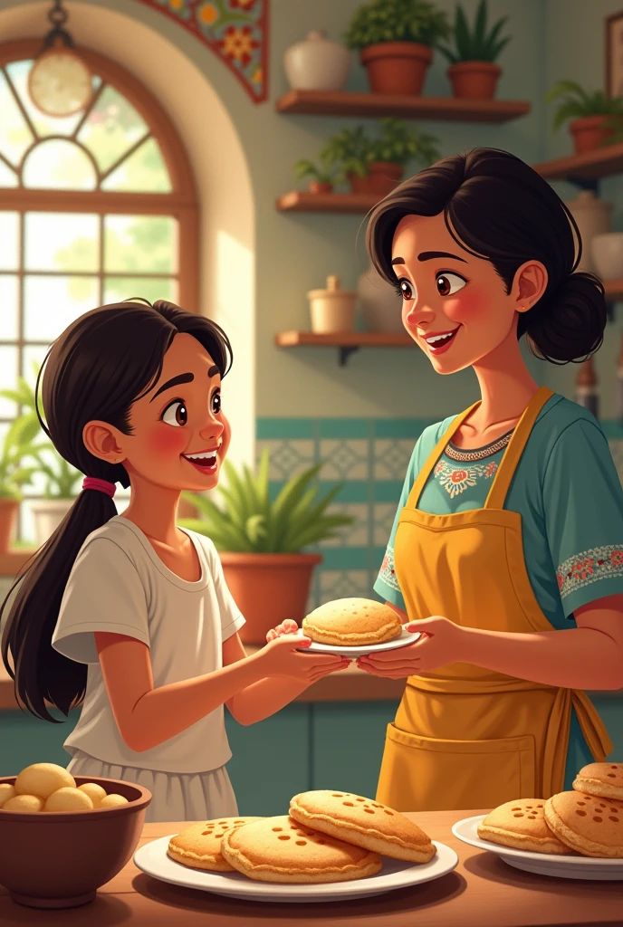 Make the following illustrations according to the instructions for a story.
illustration: The girl's mother in the kitchen, handing the arepas to the girl. Let the kitchen have Colombian details.