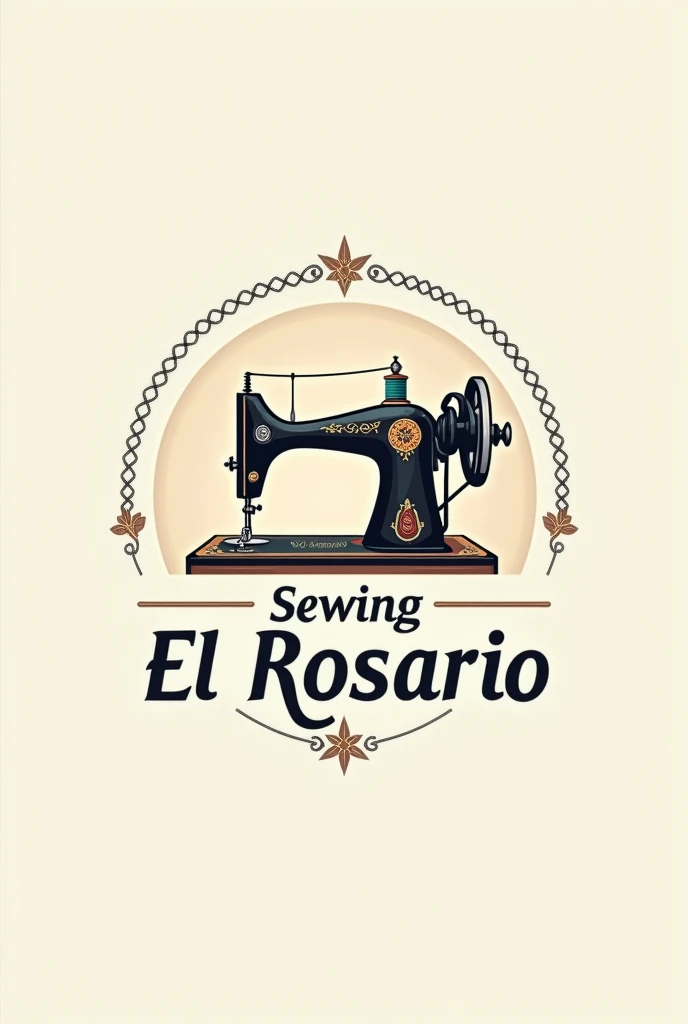 A logo for a sewing business with the name sewing el Rosario , with a sewing machine in the background