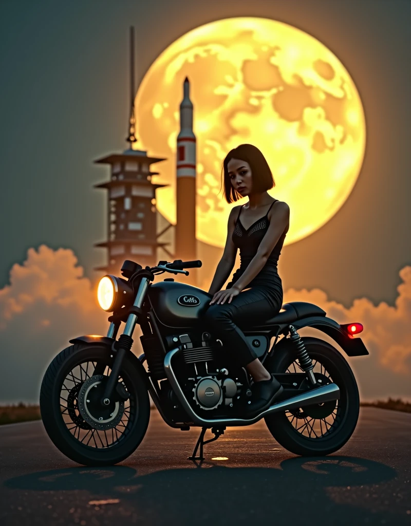A breathtaking scene set on the night of the Mid-Autumn Festival under a bright yellow full moon. In the foreground, a beautiful young woman smilly facefrom ,from Brooklyn, dressed in a stylish jumpsuit, sits confidently on a classic café racer motorcycle. She has short black bob hair and a cool, composed expression, exuding an urban, sophisticated vibe. The background features a towering space rocket launch pad nearby, with the rocket ready for launch. The scene blends the mystique of the moonlit night with the tension and excitement of a space mission. The vintage motorcycle adds a retro touch, while the overall setting is infused with a mix of urban charm and futuristic ambition. The atmosphere is slightly misty, with the moonlight casting an ethereal glow over the entire scene.