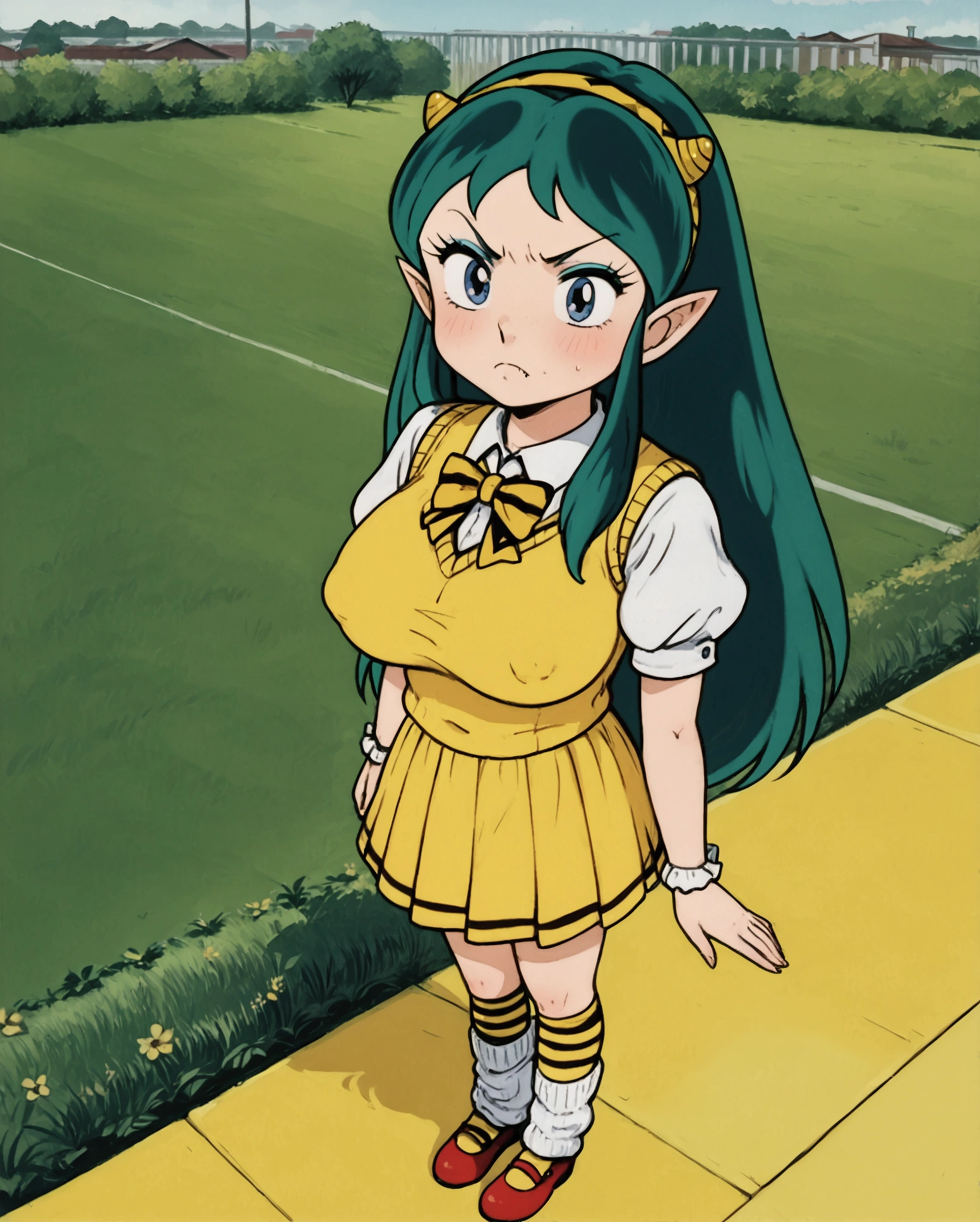 score_9, score_8_up, score_7_up, 1980's style, retro, source anime, flat color, (ultra-detailed), top quality, official art, 8k wallpaper, very detailed, (an extremely delicate and beautiful), (intense colors), (dramatic lighting). lum, anime screencap, 1girl, low age, age down, she's child, dynamic angle, Beautiful, (nsfw:0.95), cute girl, green hair, blue eyes, yellow (tiny horns), pointy ears, aqua hair, eyeshadow, gorgeous girl, kawai girl, cute face, realistic skin texture, perfect anatomy, detailed skin, detailed skin texture, cute, huge breasts, outdoor, detailed background, BREAK, hairband, bangs, blush, skirt, short sleeves, juliet sleeves, puffy short sleeves, puffy sleeves, shirt, pleated skirt, striped, socks, kneehighs, loose socks, tiger print skirt, striped legwear, sweater vest, argyle, argyle sweater, school uniform, randoseru, sidelocks, shoes, mary janes, leg warmers standing, possummachine_style, (hysterical), fangs, frown, fume, v-shaped eyebrows, glaring, from above, (masterpiece), (best quality), puffy nipples, silly