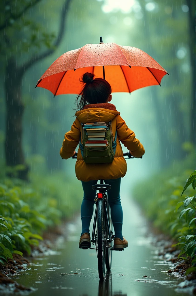 A girl is riding a bike through a rain-soaked forest. She holds a colorful umbrella over her head as she pedals. Her backpack is filled with books and she wears a puffy jacket. With rotet on 30⁰ in hight quality