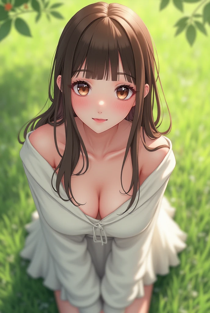 Professional photo-realistic images, (on green in sunlight park), (No bra and wearing a loose white pullover) A cute Japanese woman, long brown hair, (blunt bangs), round face, she is crouching, leaning forward, and placing her hands on her knees. the pullover collar is dangle down from chest, her breasts and nipples are glimpse from the gap, She looks at me and blushes with a shy smile.　Composition from directly above, nsfw,