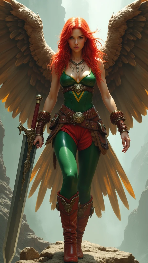 A beautiful red-haired woman wearing a green leather top with yellow in the middle and cali green leggings with red shorts over the leggings, red sheepskin boots, a giant wide-brimmed sword, huge brown falcon wings that cover her entire body, a brown harness on her chest