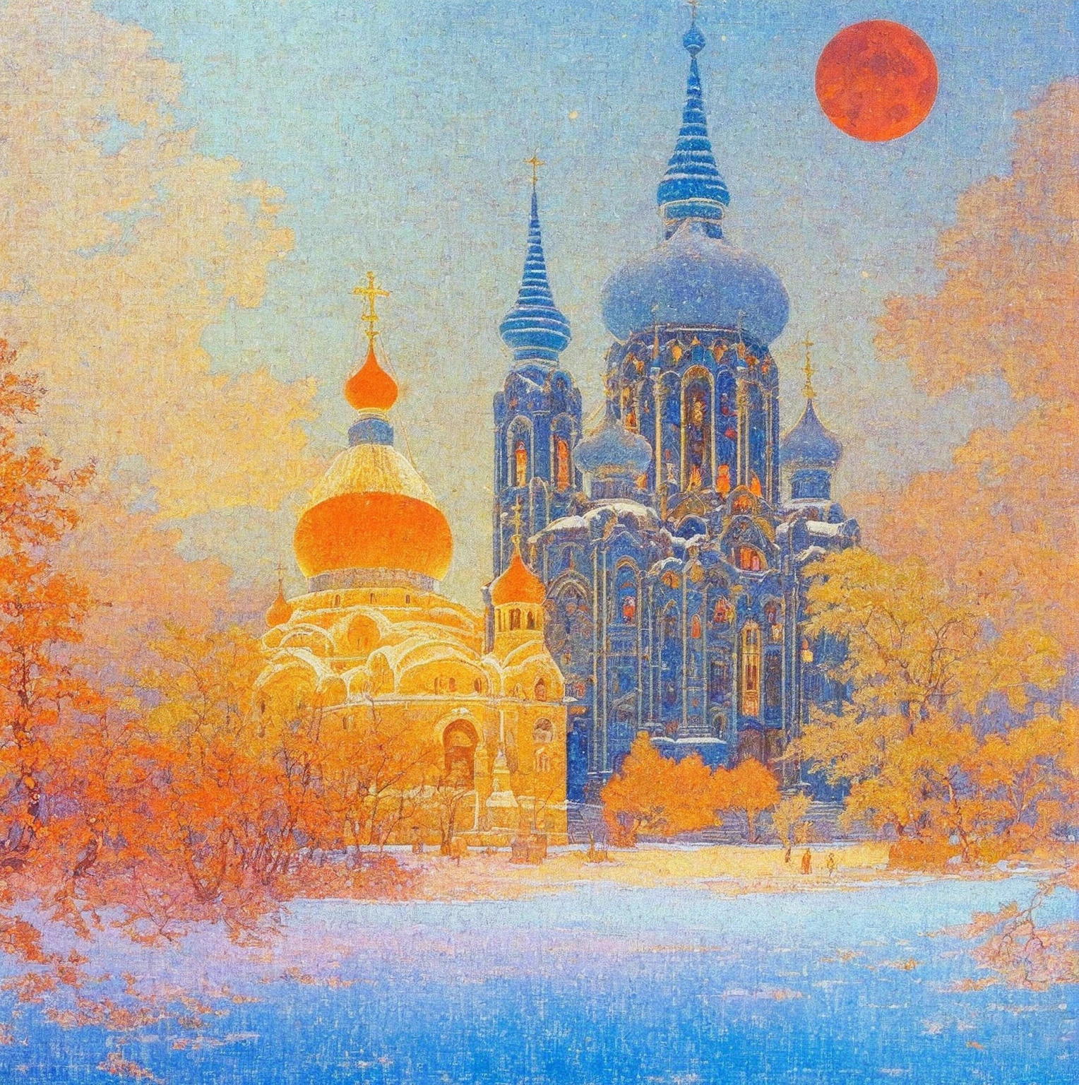 A picture of a church under the red moon, Ivan Bilibin (Ivan Bilibin) of inspiration, slav epic, Inspired by Igor Grabar (Igor Grabar), cathedral of the sun, inspired by Yuri Ivanovich Pimenov, beeple and alphonse mucha, Alexander Deneca, inspired Alexander Deneca, 受到 Andrey Esionov of inspiration