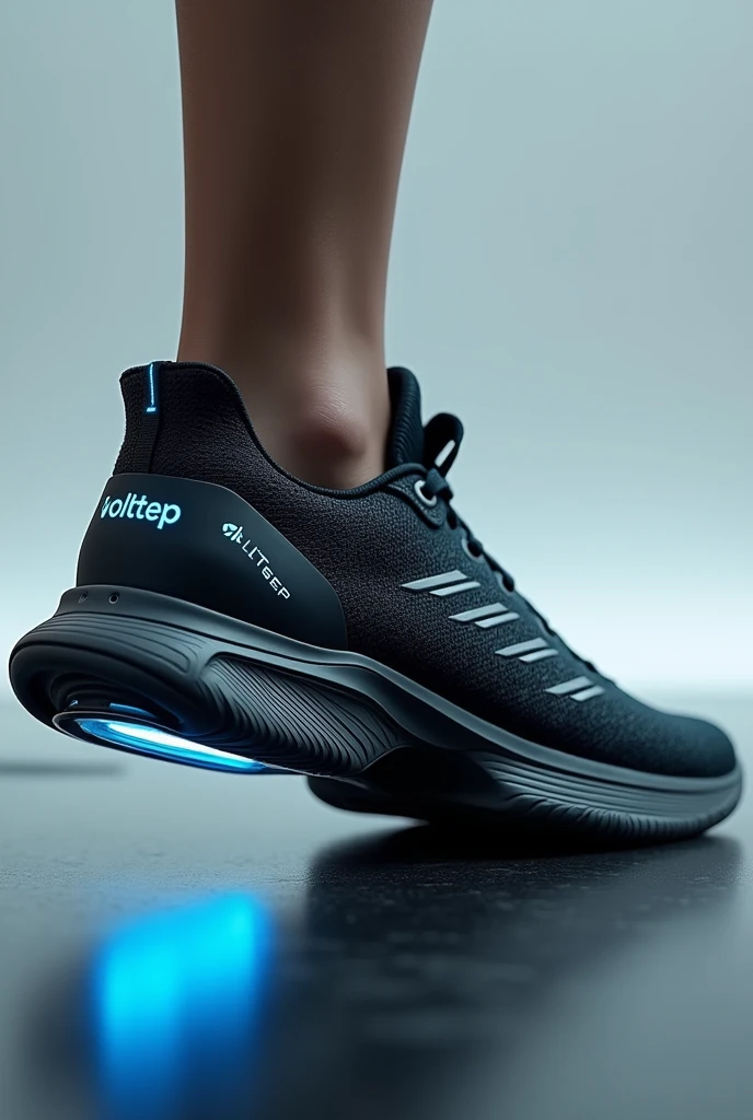 I need you to generate a logo for a shoe called "voltstep" 
The features are, a sports shoe, with a waterproof USB connector on the back of the heel.
Inside the shoe there is a mechanism that captures the mechanical energy at the tip of the foot and transforms it into electrical energy., This is stored in a battery inside the shoe.
It must be ergonomic and comfortable
