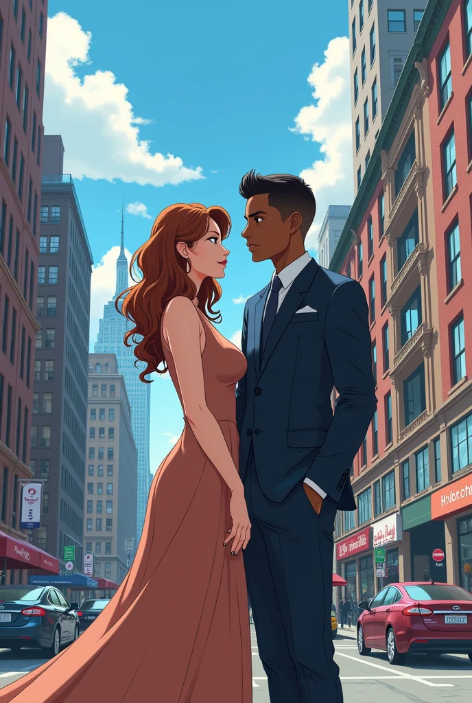 Anime style illustration of a couple consisting of a young black man with short haircut, super tall stature with a thin but muscular body, with thin facial features wearing formal clothing and by an extremely white woman, lowrise, curvilinea, with broad shoulders, with a wide and defined body, green-eyed, with wavy light brown hair with a shade of red, wide hip, thick-thighs, tiny waist and very large buttocks wearing a long, long-sleeved, modest dress. The two in New York. 