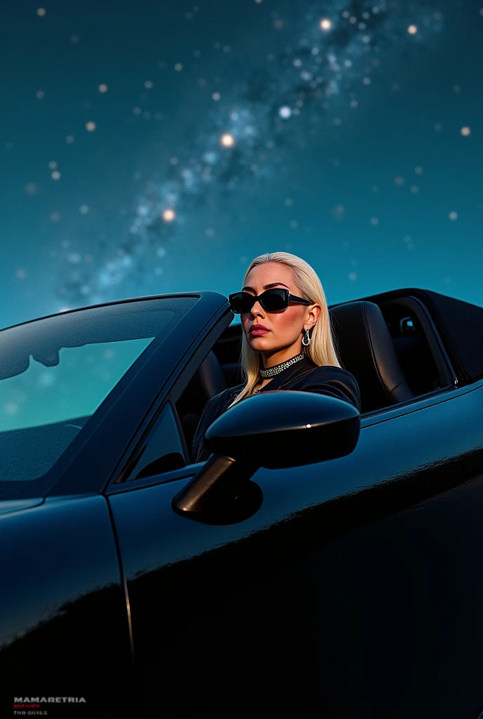 LADY GAGA IN A BLACK CAR, with glasses, starry sky