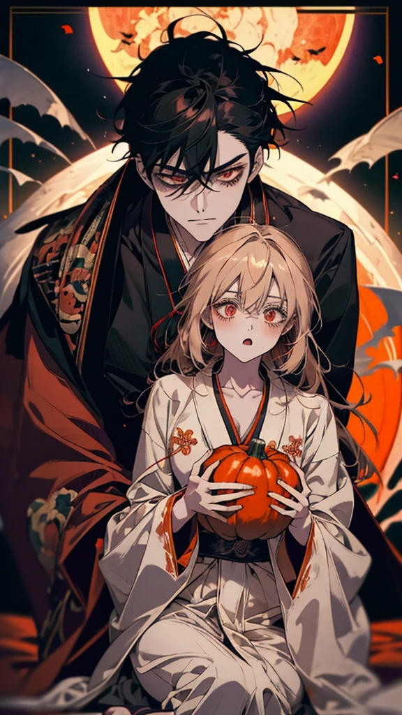 Anime girl in kimono sitting on bed and holding pumpkin, Hajime Yatate, Handsome Japanese Devil Boy, Nightcore, everyone, Beautiful male grim reaper, Halloween night, Halloween atmosphere, Halloween Celebration, Halloween style, ((wearing a noble robe)), โค๐ฅ๐๐ช, Male Anime Characters, vampire, Trick or Treat