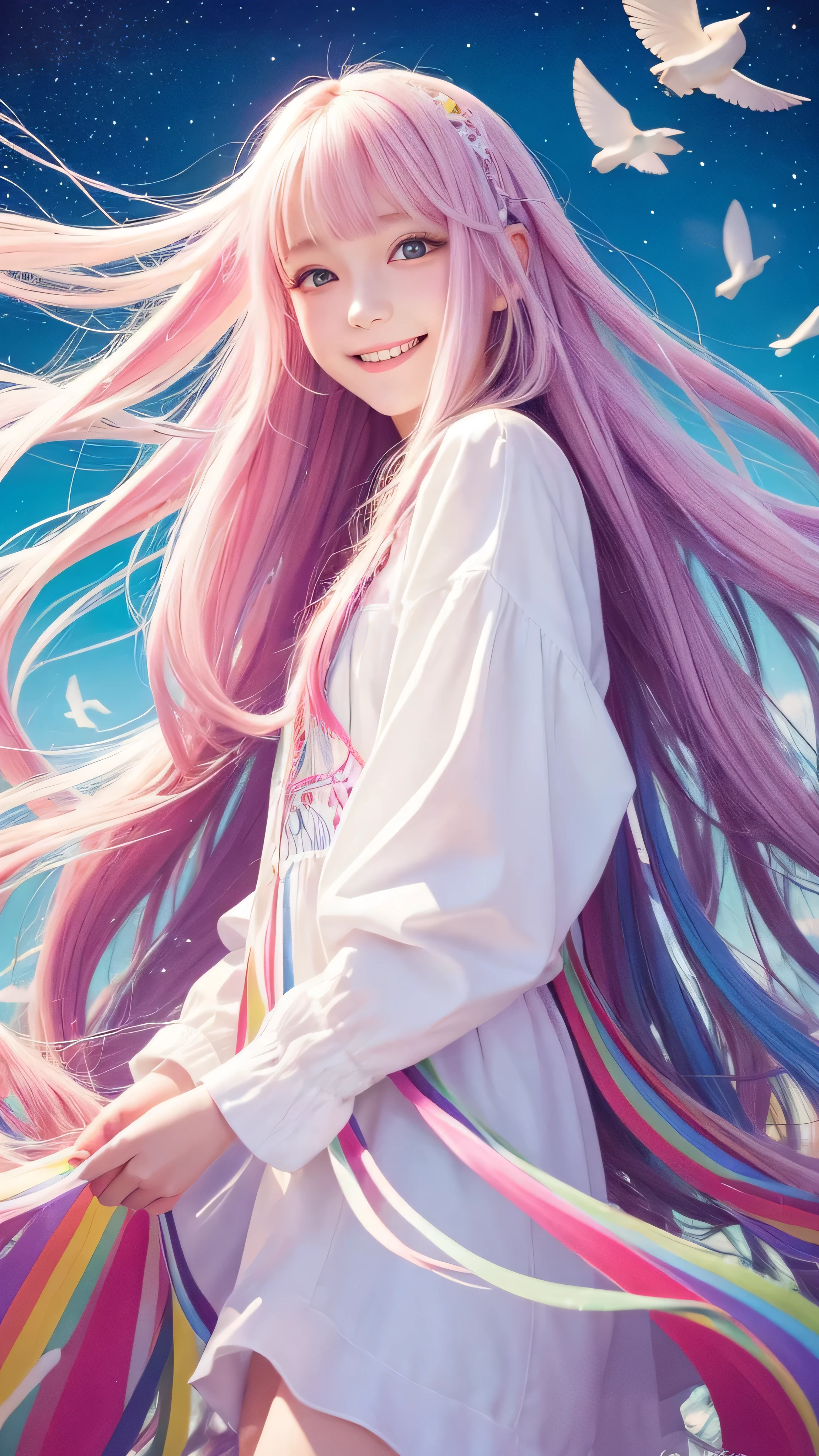 Girl in a dream.I have long colorful hair.Wearing white clothes.It's a rock band.I'm singing a song.Notes flying around.It is an illustration of the highest quality.It is a beautiful illustration.Very colorful.big eyes,smile、Viewer's perspective