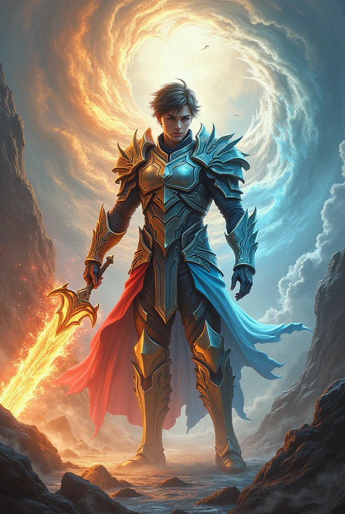 Un personnage puissant, agé de 19ans , en armure qui change de couleur selon les éléments : feu, eau, terre, et air. Son épée, élémentaire, tourbillonne de flammes, vagues, roches, et vents. Il se dresse au centre d'un vortex élémentaire.Résolution Haute, Qualité Meilleure, Details,