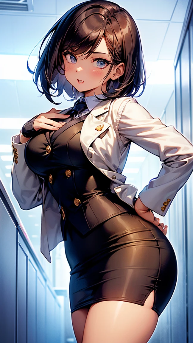 score_9, score_8_up, score_7_up, source_anime, 1girl, black eyes, room, wariza, medium hair, bob haircut, dark brown hair, gradient hair, portrait, solo, Adult woman, best perfect anatomy, thin, curvy body, medium breasts, curvy body, close up shot on person, a woman showing happy, close up shot on person, pov_doorway, a woman showing his hand, mature woman standing poses, wear a mouth mask, skirt suit, (((three-piece suit))), necktie, blazer, (((suit jacket))), (((waistcoat))), double-breasted waistcoat, bodycon miniskirt, pencil skirt, tie clip, pocket square, pocket watch, white format gloves, pantyhose, dynamic angle. perfect dynamic composition, foreshortening, dramatic shading, volumetric lighting, hotel room background,