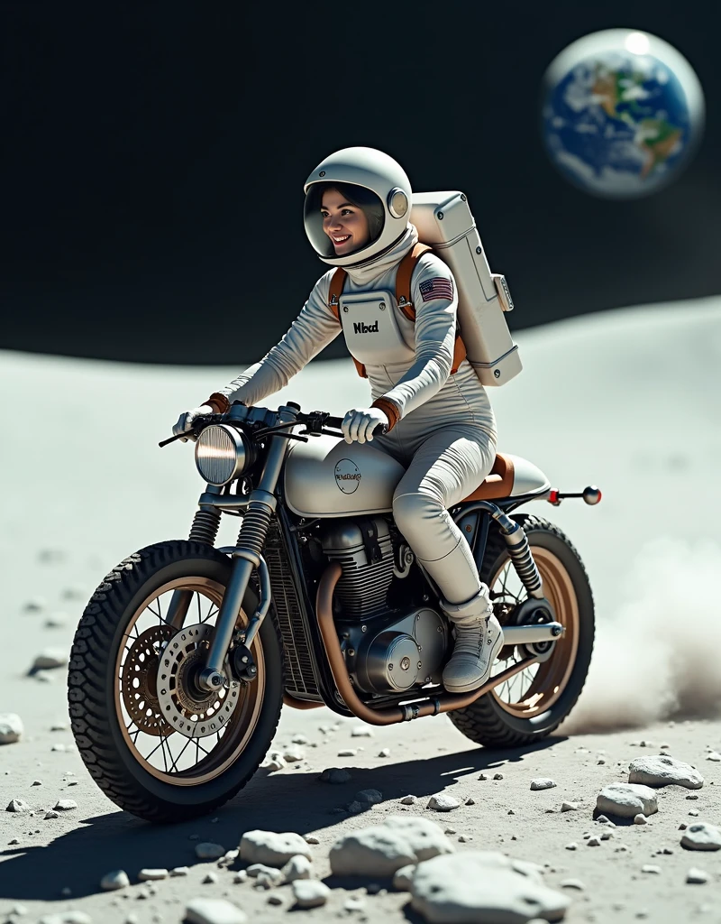 A beautiful young woman smilly face,from Brooklyn, dressed in a modern astronaut spacesuit, riding a classic cafe racer motorcycle on the surface of the Moon. The Moon's surface is brightly illuminated by the sunlight, creating a stark, bright environment. In the distance, Earth can be seen, floating against the blackness of space. The woman is wearing a sleek, futuristic spacesuit with a helmet, her expression still cool and composed. The motorcycle retains its vintage design, creating a striking contrast between the retro bike and the futuristic lunar setting.