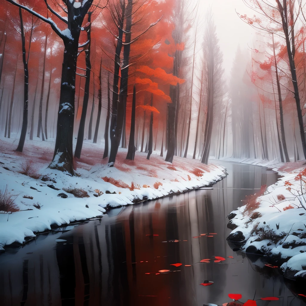 trees with red leaves in a forest with a stream of water, a matte painting by Wolfgang Zelmer, flickr, land art, red forest, red fog on the ground, german forest, beautiful misty wood, red trees, really beautiful forest, in a snowy forest setting, vibrant but dreary red, snowing in the forest, forest colors, beautiful forest