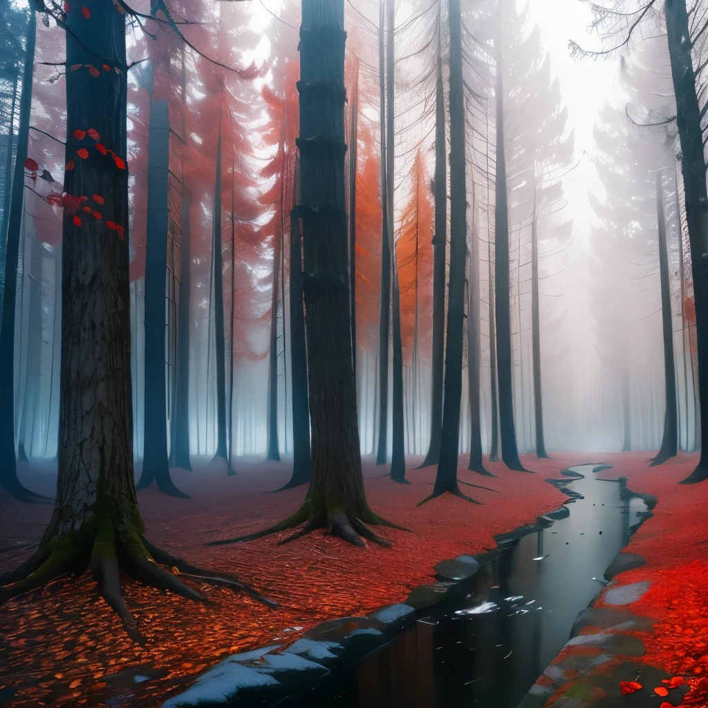 trees with red leaves in a forest with a stream of water, a matte painting by Wolfgang Zelmer, flickr, land art, red forest, red fog on the ground, german forest, beautiful misty wood, red trees, really beautiful forest, in a snowy forest setting, vibrant but dreary red, snowing in the forest, forest colors, beautiful forest