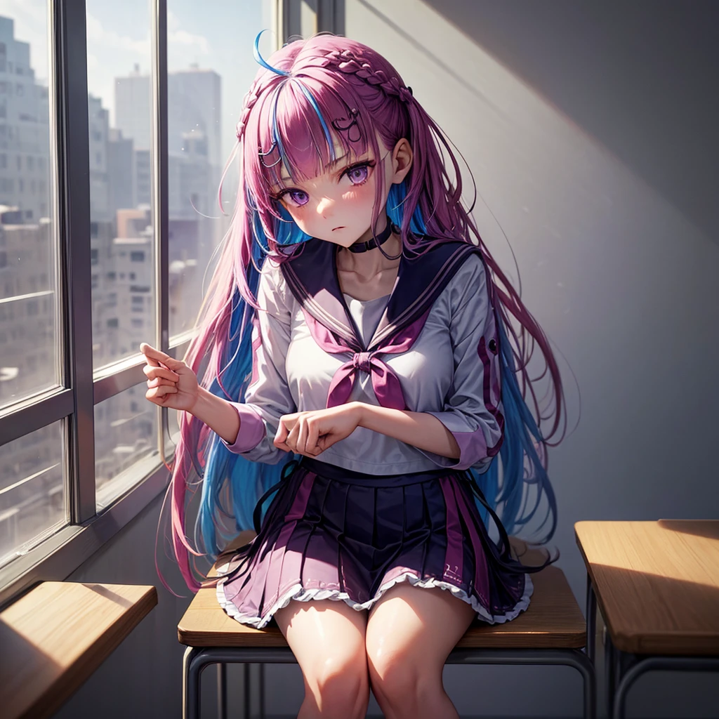 A man in a sailor suit、An 1 young woman with long purple hair sits in a classroom (School 1.5 In the background) (Serious expression, Cold 1.5) (best quality: 1.1) (masterpiece: 1.3) with an unparalleled masterpiece, Surreal 8K, Perfect work of art, Super Detail, best quality, masterpiece 4K wallpaper aesthetics, masterpiece, Award-winning works, Official Art, Movie Lighting