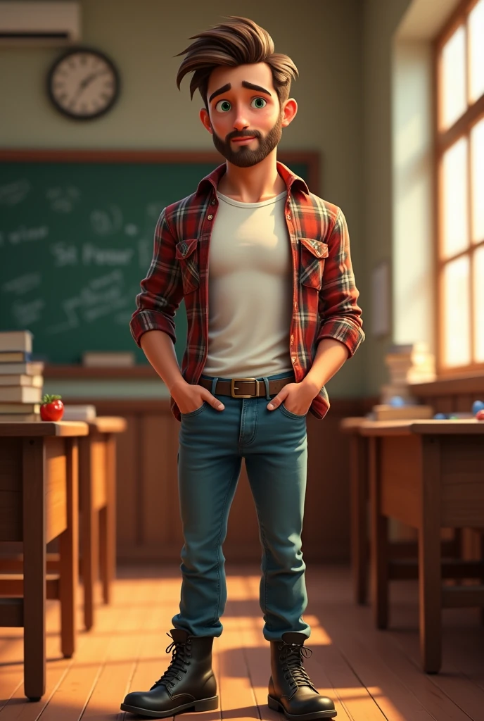 Disney Pixar style cover of a handsome man, high, thin white tea, brown hair combed to the side, with beard, green eyes, with jeans, plaid shirt, black boots in a classroom 