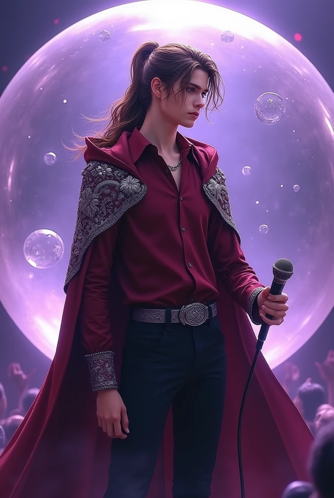 artwork best quality realistic image handsome american male ager long brown hair tied in a ponytail fair skin wearing burgundy button down shirt and black pants with burgundy coat cape and hood on his head with intricate silver details glowing inside a giant crystal ball and singing with a microphone in his hand with purple lights around him illuminating him intricate details seen from afar at a concert with details uhq details 8k realism