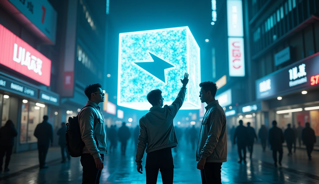 far-shot camera, Asian 3 male character stands in front of a giant cube hologram logo with the words "UrBox"in the wide growded street, character touch the hologram, The hologram logo explodes and emits an all-encompassing blue light. Outfit: Silver jacket, wae glass, strong gestures. Setting: Small alley between cyberpunk buildings. Lighting: Dark colors, faint blue lights from billboards. Effects: LED strips on the device gradually glow. Special: The scene evokes a sense of suspense and anticipation.