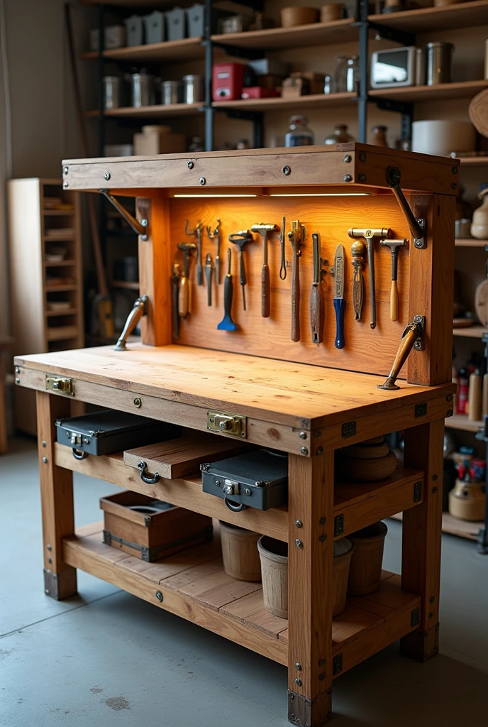 Table that opens a lid and has tools 