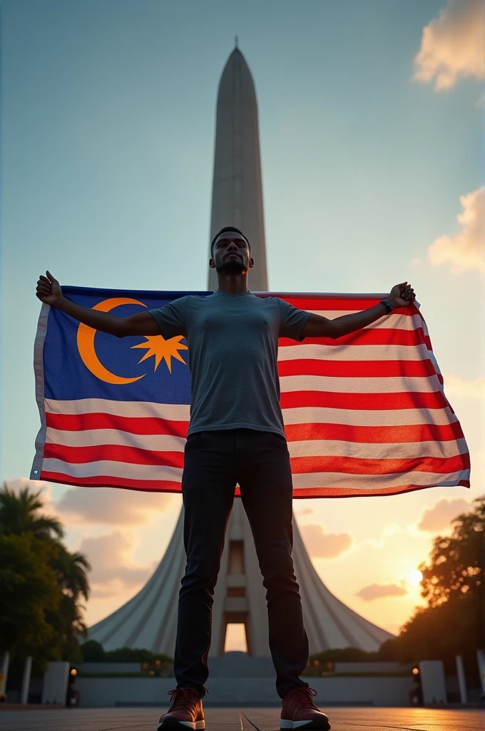 a man is holding the Malaysian flag and is emblazoned with the Malaysian national monument