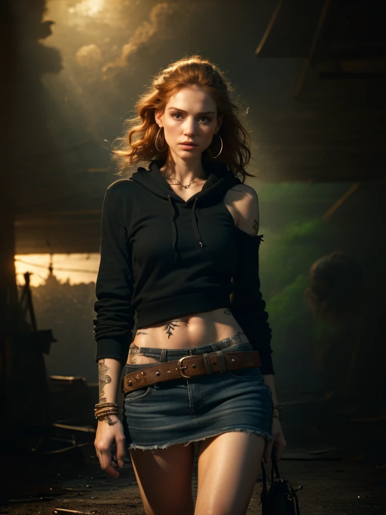 very detailed, 16K high resolution, incredibly detailed image, cinematic, best quality, masterpiece, realistic, detailed face, detailed background, dramatic lighting, A girl, 2, she is alone, beautiful, natural ginger hair, straggly and messy wavy hair. Extremely detailed facial expressions with sharp and piercing green eyes. A delicate, slightly cheeky face, subtly made up. ((She is tattooed and pierced, large tubes in her ears.)), She has (very small breasts) and a slim figure, in good shape. Dark lighting conditions, the world is destroyed after a war (end-time mood like in Mad Max). She is in an old destroyed city. Flames and clouds of smoke in the background. She wears worn-out clothes consisting of a torn black, cropped hoodie top, a broken miniskirt and dusty ankle-high boots. She has a belt around her waist with a small bag and a knife attached to the side. There is a crossbow on her back.