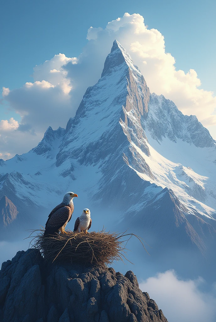 a majestic high mountain peak, an eagle's nest with two eaglets, dramatic lighting, cinematic composition, intricate details, epic landscape, dramatic clouds, vibrant colors, realistic, photorealistic, 8k, hyper detailed, masterpiece, beautiful, stunning, breathtaking
