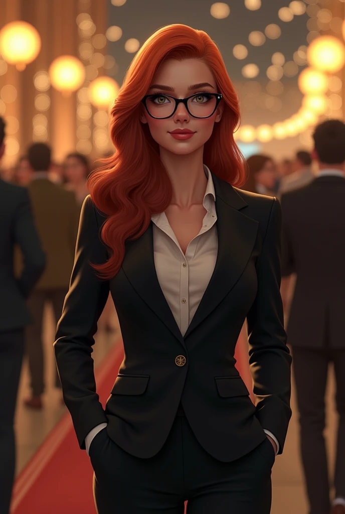 An attractive young woman with fair skin and red hair, far away, at an event, she wears glasses and a suit. Her body is curvy, fleshy lips, with wide hips and a thin waist
