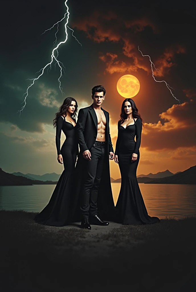 A handsome man with a perfect slim face dressed in a long black Dracula suit without a shirt, a cloudy sunset sky, a sun hiding behind a trail of water that matches the sun, a lightning bolt from afar next to him, two beautiful women dressed in black, the man is in the middle