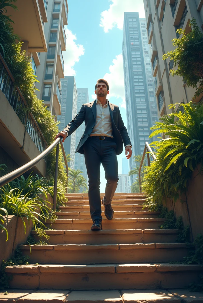A man climbing in up direction of the success stairs of wealth abundance and prosperity in the beautiful city