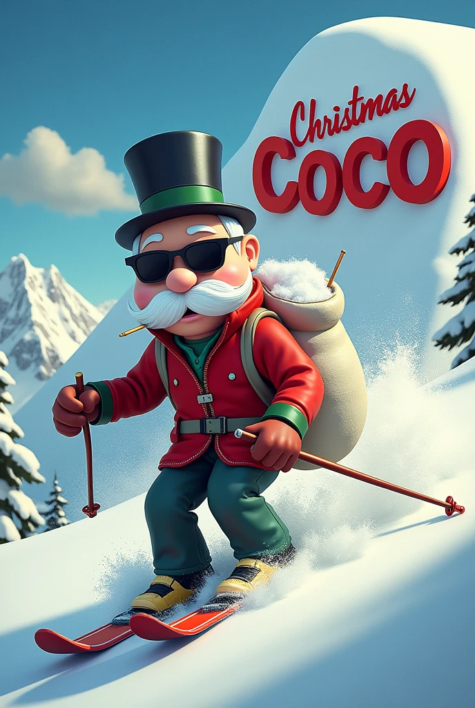 Mr. Monopoly with a little white powder under and on his nose with black tinted glasses with a joint in his mouth completely smashed who skis down a mountain with a big open bag filled with white powder and behind him an avalanche where it says Christmas coco in 3d on the avalanche and in cartoon style