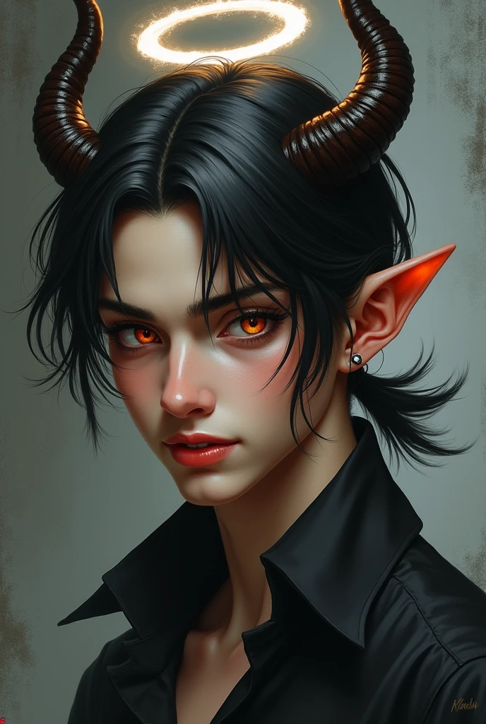 black hair, short ponytail, widow's peak, Angel Halo, demon horns, multicolored eyes, pointy ears, smile, young man, Conceptual art, Realism, chiaroscuro, anatomically correct, textured skin