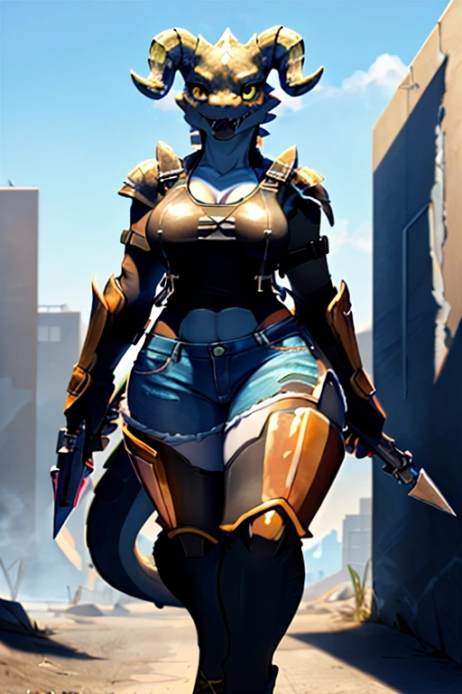 ((4k)), (best body), (sexy women), Solo, score_9,score_8_up,score_7_up, kemono style, Anthro deathclaw from fallout, Anthro reptile girl, snout, green scaled skin, gold eyes, black lips, black horns, black ram horns, athletic body, smiling, walking in a ruined city, holding a rusty gun, wearing bodyarmor, bulletproof vest, blue jean shorts and a blue tank top, sfw, intimidating woman, monstergirl, commission for high res, female dragonborn, well designed female dragon head, anthro lizard, female fursona,  (diamond pupils), (large eyes) 