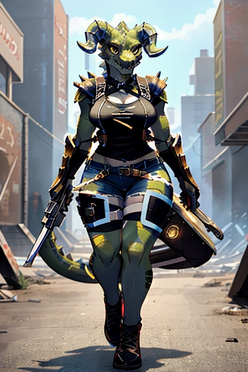 ((4k)), (best body), (sexy women), Solo, score_9,score_8_up,score_7_up, kemono style, Anthro deathclaw from fallout, Anthro reptile girl, snout, green scaled skin, gold eyes, black lips, black horns, black ram horns, athletic body, smiling, walking in a ruined city, holding a rusty gun, wearing bodyarmor, bulletproof vest, blue jean shorts and a blue tank top, sfw, intimidating woman, monstergirl, commission for high res, female dragonborn, well designed female dragon head, anthro lizard, female fursona,  (diamond pupils), (large eyes) 