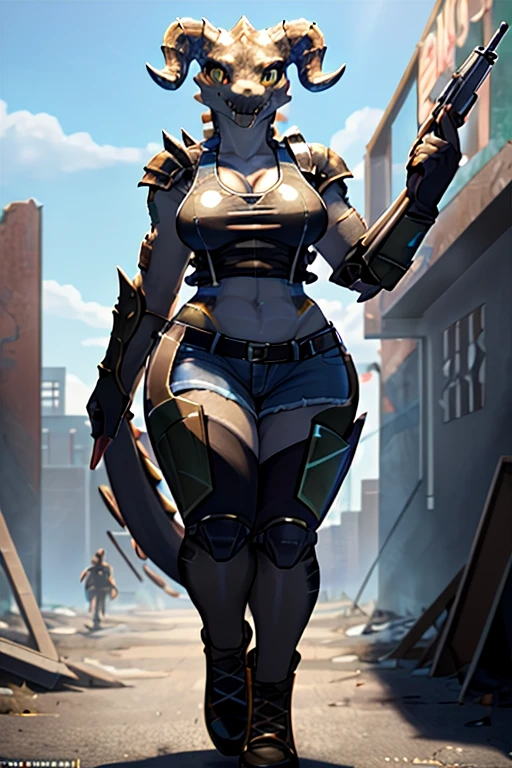 ((4k)), (best body), (sexy women), Solo, score_9,score_8_up,score_7_up, kemono style, Anthro deathclaw from fallout, Anthro reptile girl, snout, green scaled skin, gold eyes, black lips, black horns, black ram horns, athletic body, smiling, walking in a ruined city, holding a rusty gun, wearing bodyarmor, bulletproof vest, blue jean shorts and a blue tank top, sfw, intimidating woman, monstergirl, commission for high res, female dragonborn, well designed female dragon head, anthro lizard, female fursona,  (diamond pupils), (large eyes) 