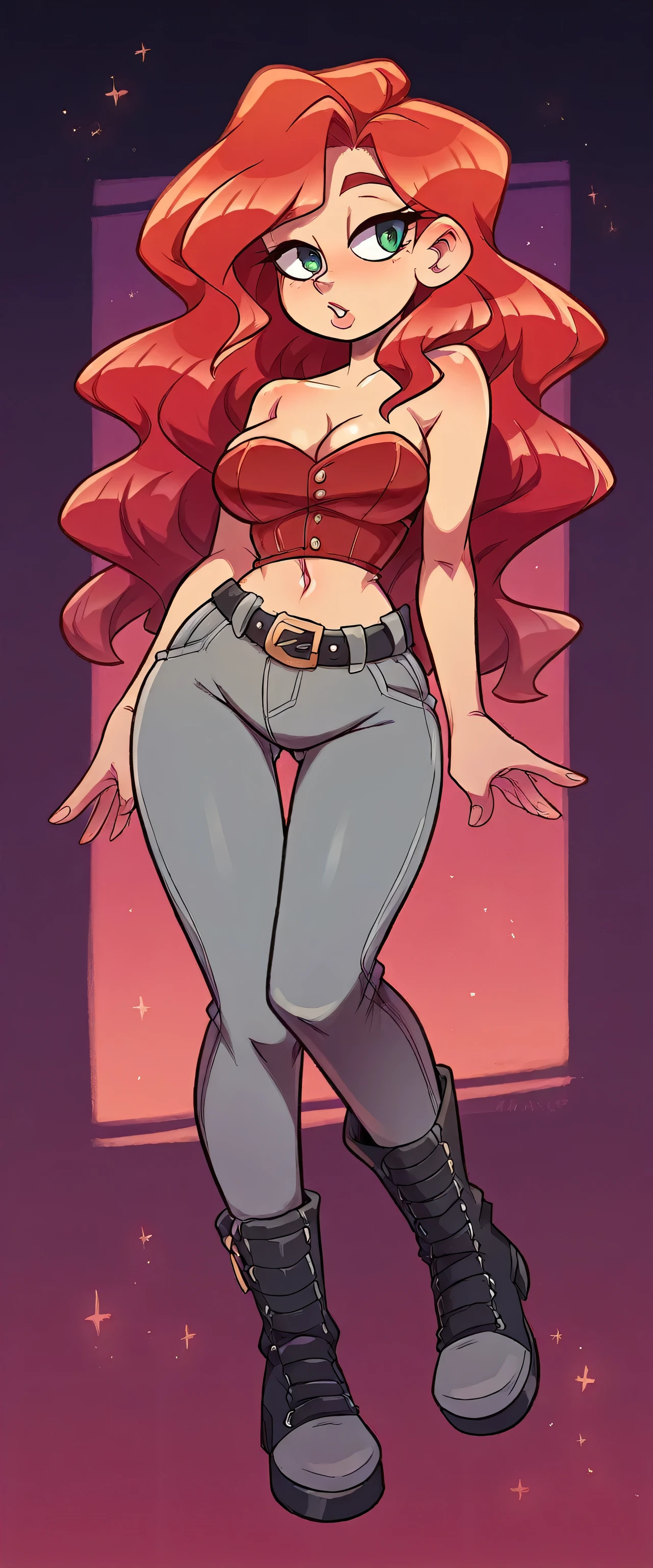 a tall, beautiful, and curvy woman with red wavy hair is depicted. She exudes happiness and sexiness, with a kind expression and striking red-tipped eyelashes. Her eye color is a captivating clear red. She is dressed in a stunning red corset top, revealing her navel, and a fitted gray pant with a black belt. Her outfit is completed by a pair of coffee-colored boots showcasing the character's detailed features and the dynamic