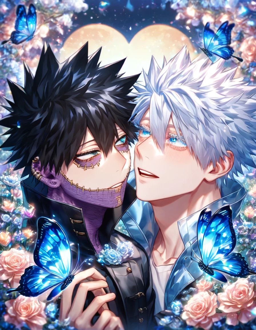 absurdres, highres, ultra detailed, HDR) master piece, best quality, extremely detailed, detailed eyes, detailed face, delicated features, Dabi, black hair, expressive turquoise eyes, Boku No Hero Academia, Gojou Satoru, white hair, expressive blue eyes, white eyelashes, two sexy men together, yaoi, gay couple, in love, handsome, black leather coat with high collar, light-blue coat with fur, fantasy, magical, glittering, water, blue flames, blue moon, blue flowers, blue butterflies, garden