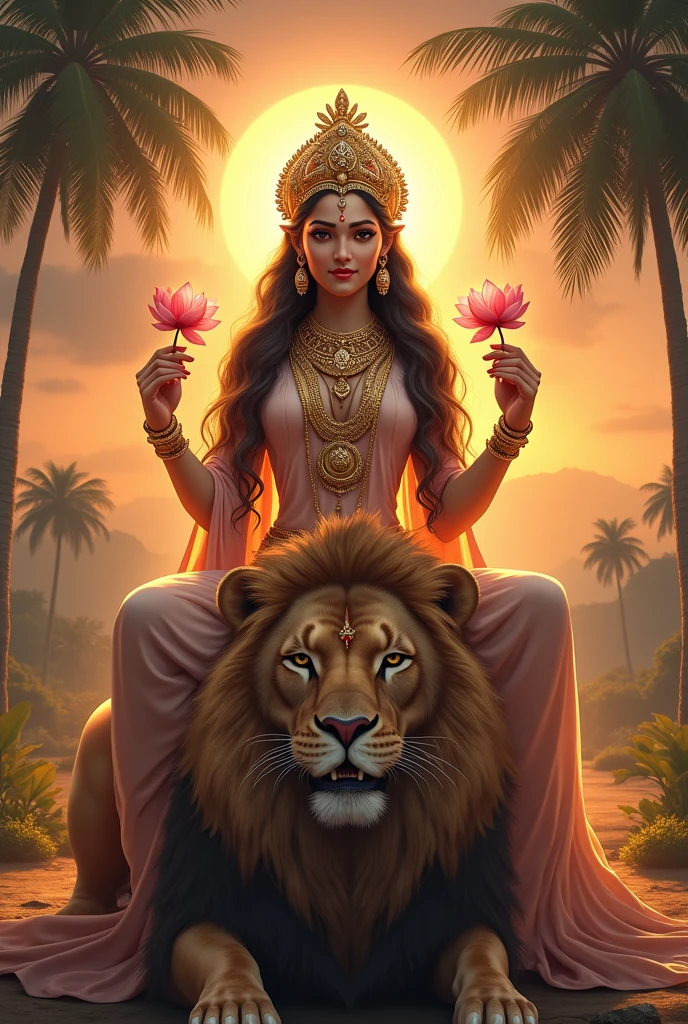 Create Realistic Image Lord Lakshmi is a lifelike, realistic artwork of Goddess Lakshmi seated on a lion. Goddess Lakshmi is adorned with elaborate jewelery and crown, with separate shining lotus flowers in each of her hands. Her eyes are clearly visible and her face is beautiful. She is surrounded by a halo of light emanating from her figure, with a sunset backdrop shaded by palm trees on either side. This scene gives a feeling of peace and divine presence.