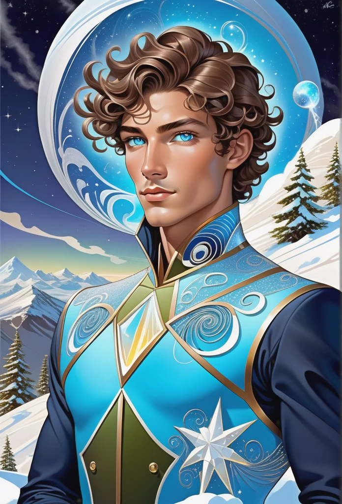 Surrealist Art Nouveau male , Junior fashion, Pacific Islanders, Light blue eyes, Curly ears, High jawline, cheekbones, Chestnut crew cut hair, Sarcasm,, Engaged in astral projection, Seek knowledge from the outside, witch, (astronomer,an avalanche of snow,dashed,Spray foam insulation Brownian motion,solid,astral,Dodecahedron,Pentagon magic:1.0) Lightning magic , Standing tall, One finger forward, Directing energy, Wisps of fire, SimplepositiveXLv1,Ultra-high resolution, the wallpaper, 8k,Rich texture details, ultra - detailed, Detailed eyes, Detailed background, Dramatic angle, Professional lighting,Epic composition, . elegant, decor, Curved form, Inspired by nature, opulent, Detailed . Dreamlike, mysterious, Provocative, sigature, Intricate, Detailed, name tag harsh