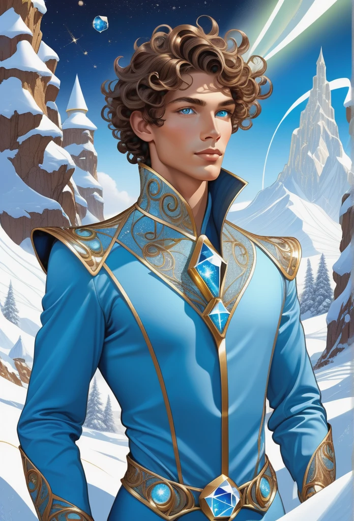Surrealist Art Nouveau male , Junior fashion, Pacific Islanders, Light blue eyes, Curly ears, High jawline, cheekbones, Chestnut crew cut hair, Sarcasm,, Engaged in astral projection, Seek knowledge from the outside, witch, (astronomer,an avalanche of snow,dashed,Spray foam insulation Brownian motion,solid,astral,Dodecahedron,Pentagon magic:1.0) Lightning magic , Standing tall, One finger forward, Directing energy, Wisps of fire, SimplepositiveXLv1,Ultra-high resolution, the wallpaper, 8k,Rich texture details, ultra - detailed, Detailed eyes, Detailed background, Dramatic angle, Professional lighting,Epic composition, . elegant, decor, Curved form, Inspired by nature, opulent, Detailed . Dreamlike, mysterious, Provocative, sigature, Intricate, Detailed, name tag harsh