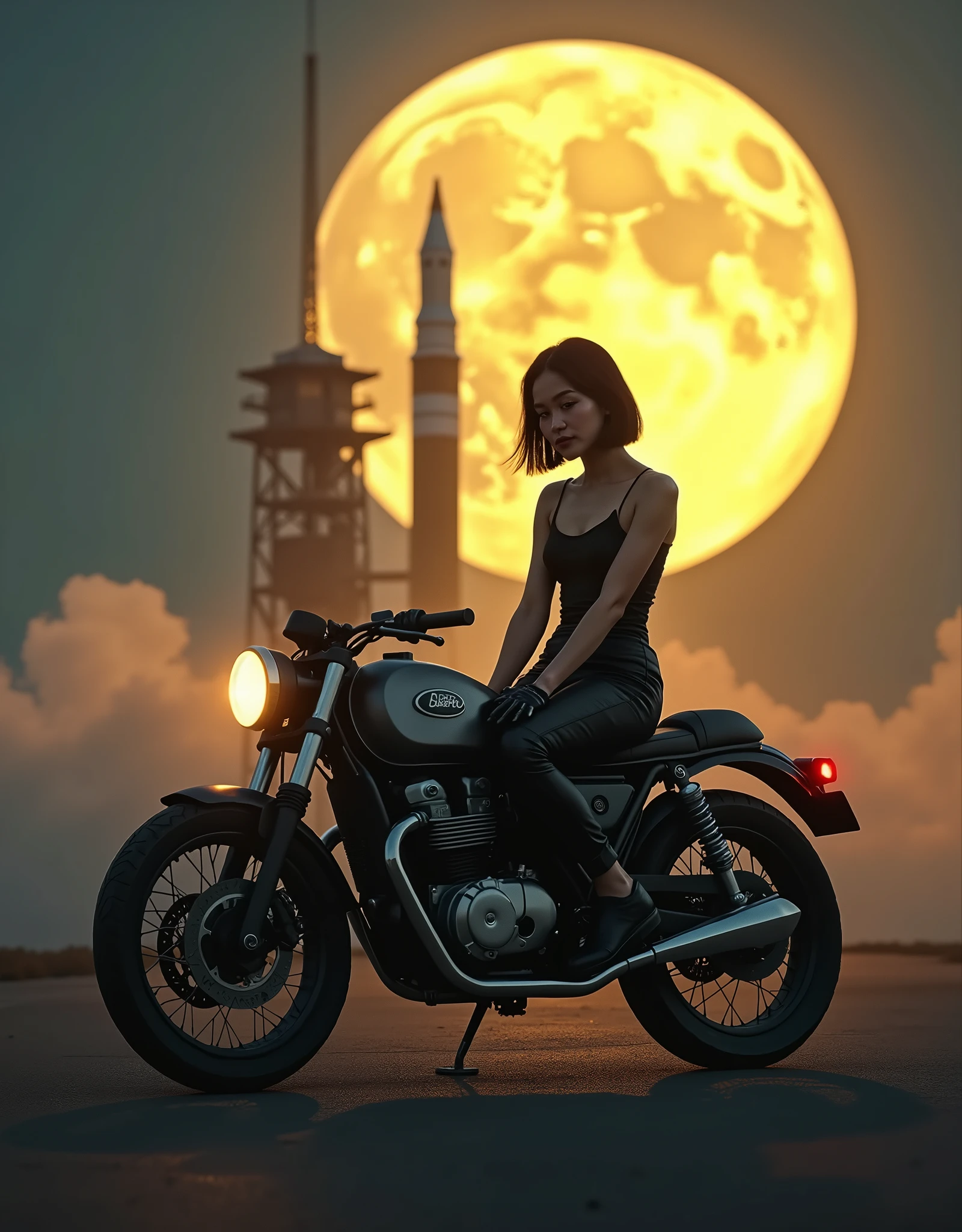 A breathtaking scene set on the night of the Mid-Autumn Festival under a bright yellow full moon. In the foreground, a beautiful young woman smilly facefrom ,from Brooklyn, dressed in a stylish jumpsuit, sits confidently on a classic café racer motorcycle. She has short black bob hair and a cool, composed expression, exuding an urban, sophisticated vibe. The background features a towering space rocket launch pad nearby, with the rocket ready for launch. The scene blends the mystique of the moonlit night with the tension and excitement of a space mission. The vintage motorcycle adds a retro touch, while the overall setting is infused with a mix of urban charm and futuristic ambition. The atmosphere is slightly misty, with the moonlight casting an ethereal glow over the entire scene.