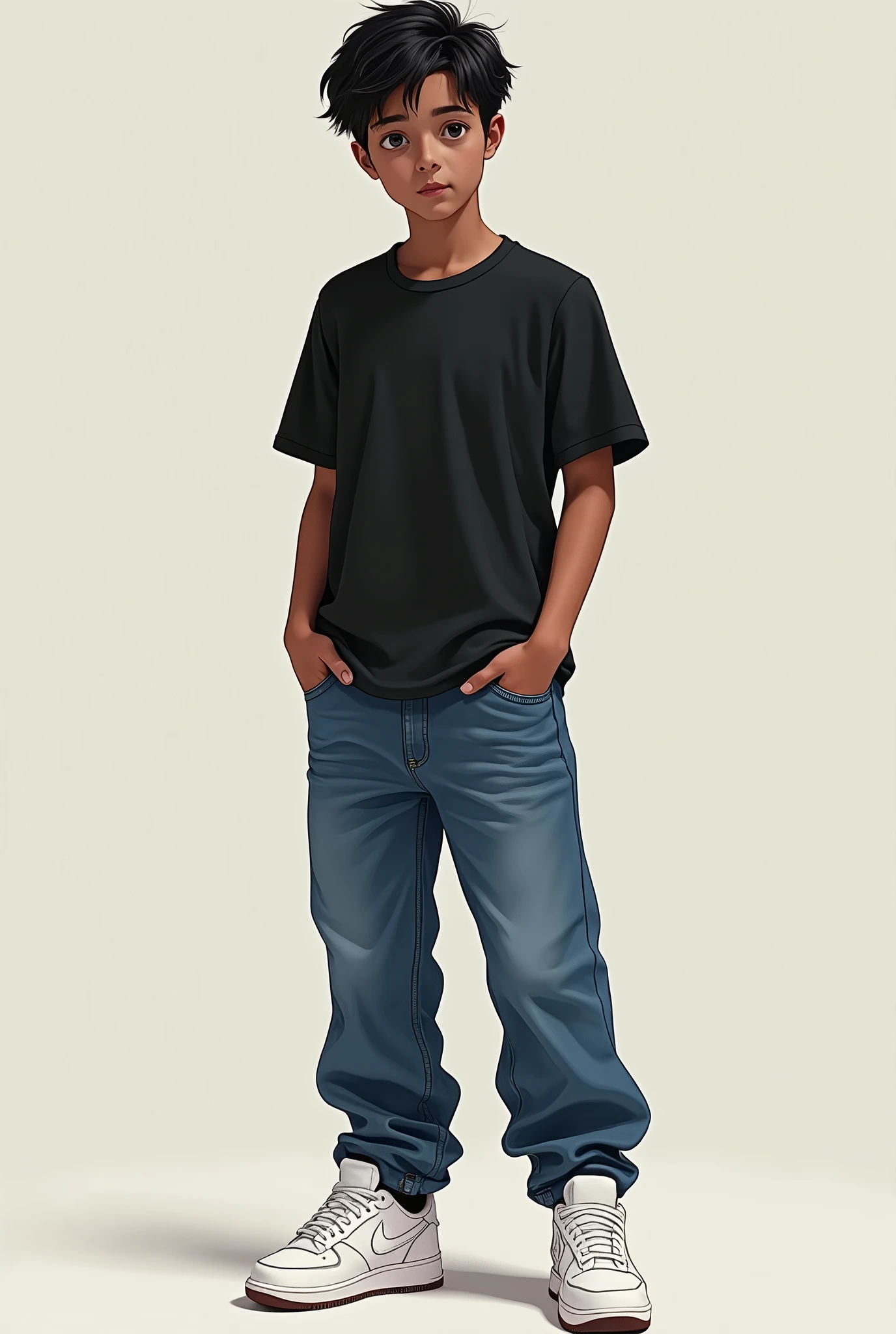male ager with dark skin and short, semi-wavy black hair wearing a black t-shirt, worn blue baggy jeans and white Nike tennis shoes