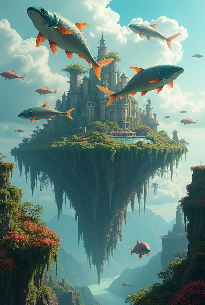 surreal fish island, fantasy landscape, floating city, vibrant colors, dreamlike atmosphere, imaginative scenery, intricate details, nature fusion, whimsical, artistic illustration, 8K large format photos, dystopian movie style lighting, Shot with ARRI ALEXA 65 camera and 50mm lens